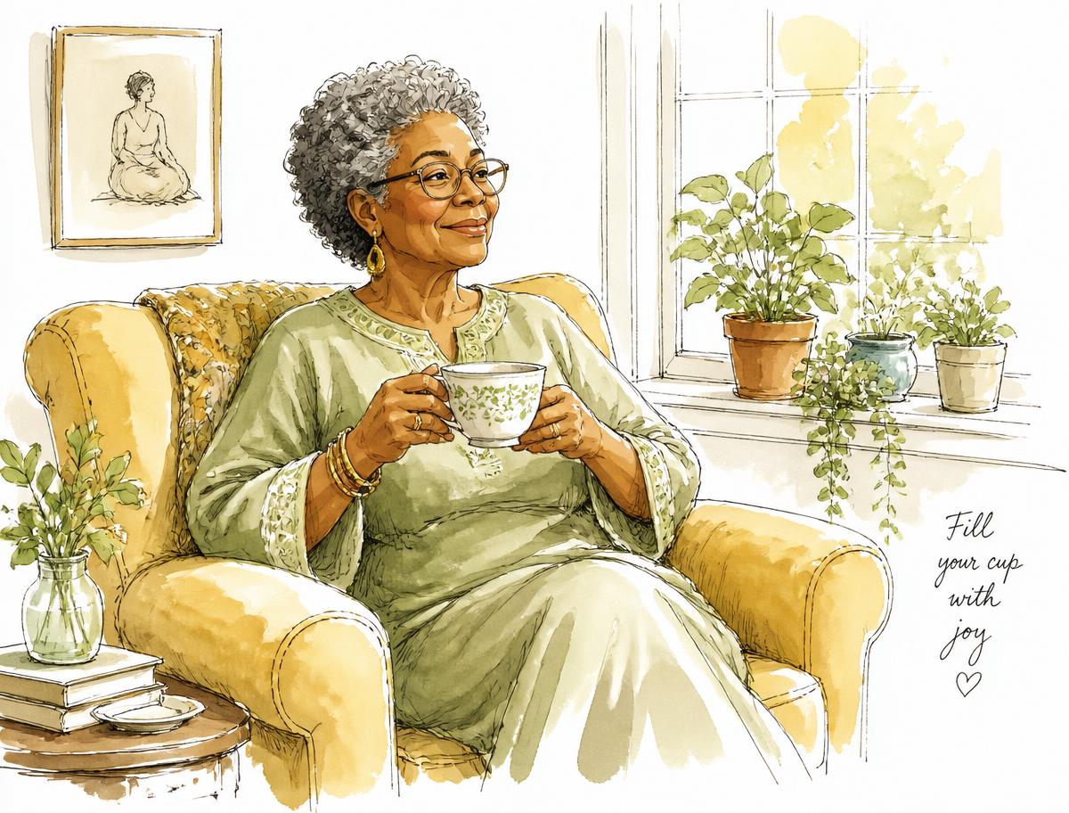 Watercolour illustration of an older woman relaxing with tea in a sunlit living room