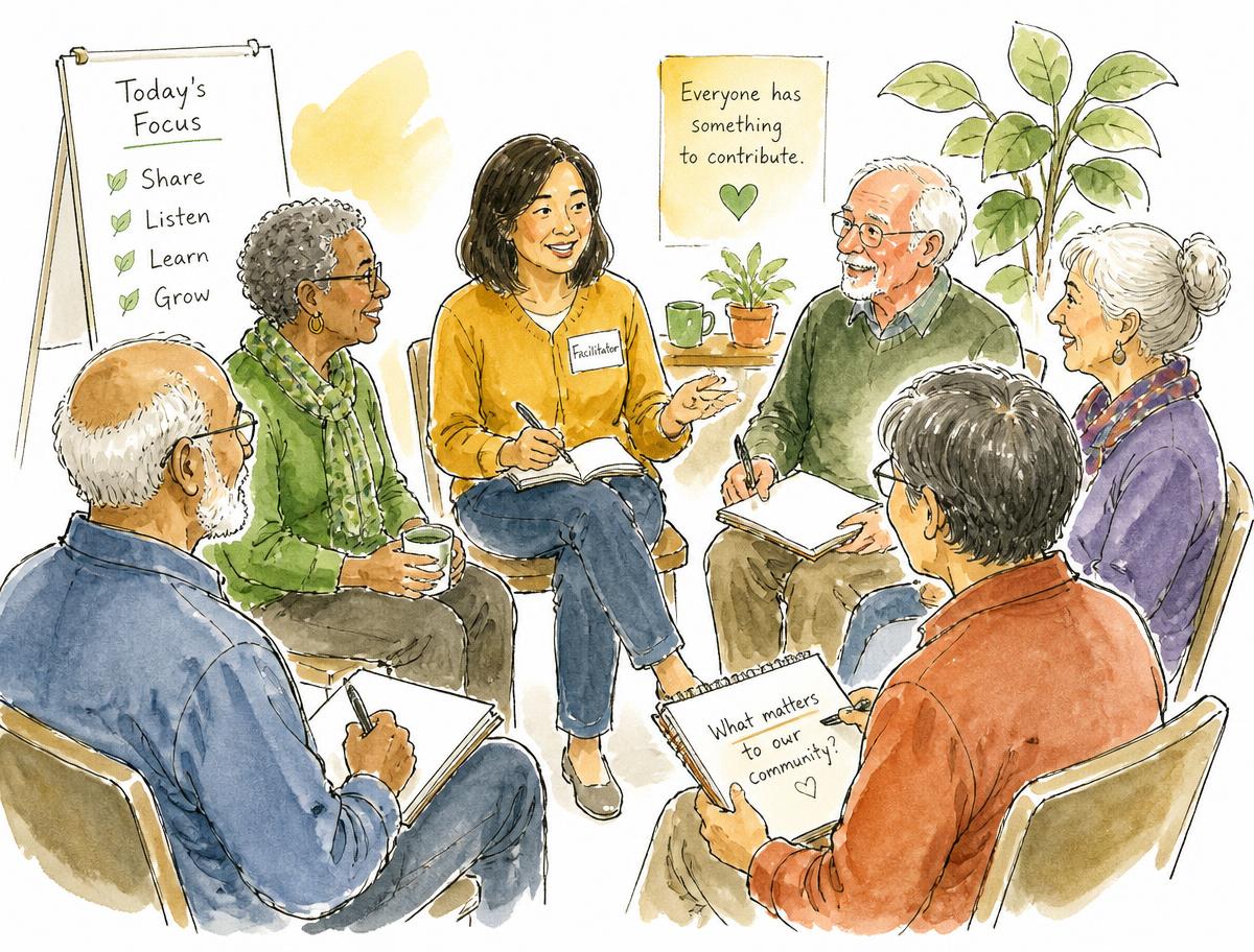 Watercolour illustration of a community workshop with seniors and a facilitator seated in a circle