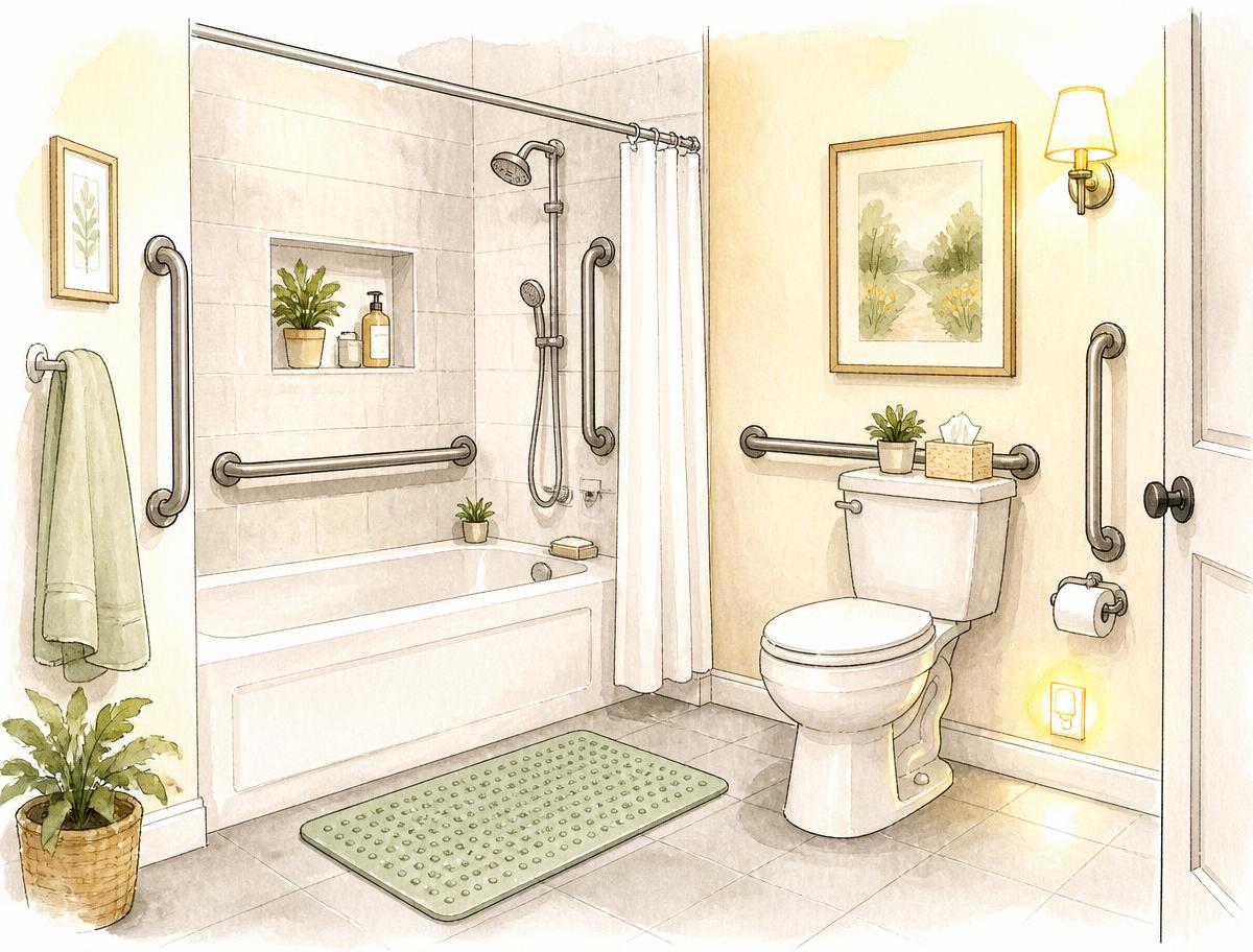 Watercolour illustration of a bathroom fitted with grab bars, a non-slip mat and a night light